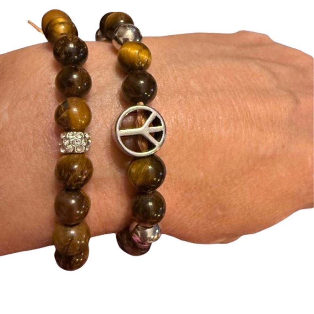 Pair of Adjustable Tigers Eye Beaded Bracelets Peace Crystal - Picture 3 of 8